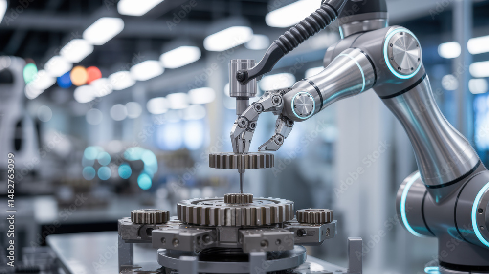 Robotic arm assembling precision metal parts in automated factory, advanced manufacturing technology and industrial automation concept.
Robotic arm assembling precision metal parts in automated factory, advanced manufacturing technology and industrial automation concept.