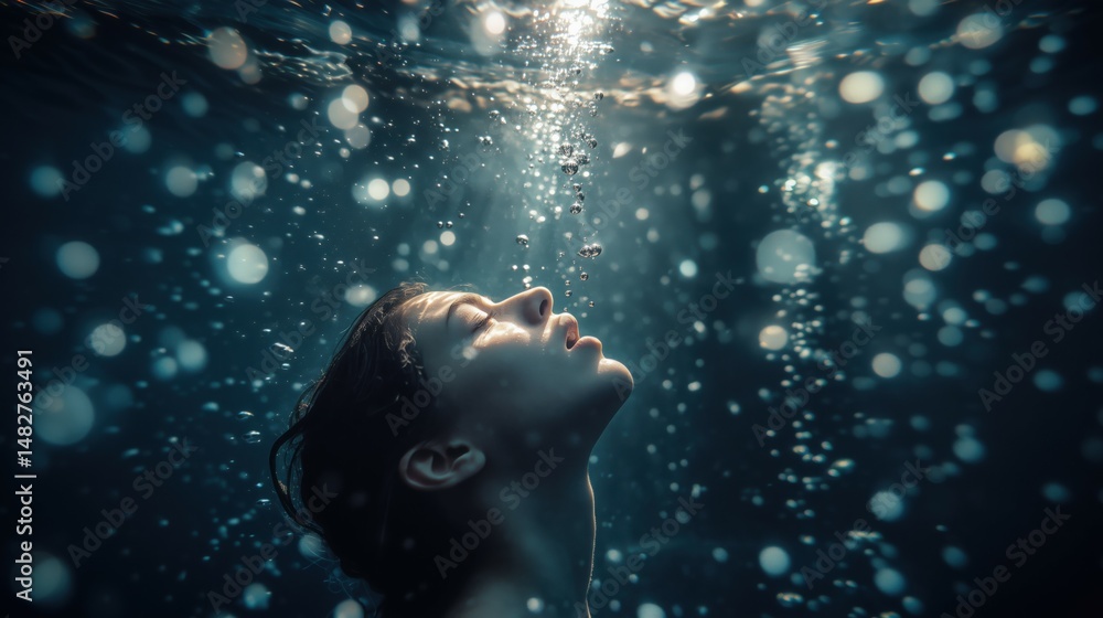 Fototapeta premium A conceptual image of a person submerged underwater, looking up toward the light while bubbles escape from their mouth.