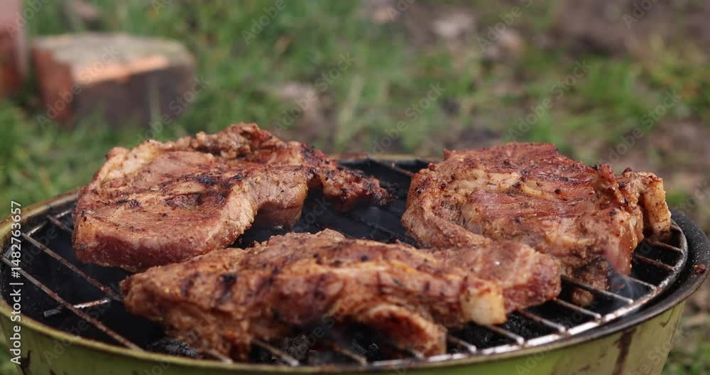 Roasting juicy meat steak with spices and herbs in burning charcoals fire on bbq grid, flames and smoke in. Juicy steak with grilling stripes ready for picnic celebration. Barbecue grill
Roasting juicy meat steak with spices and herbs in burning charcoals fire on bbq grid, flames and smoke in. Juicy steak with grilling stripes ready for picnic celebration. Barbecue grill