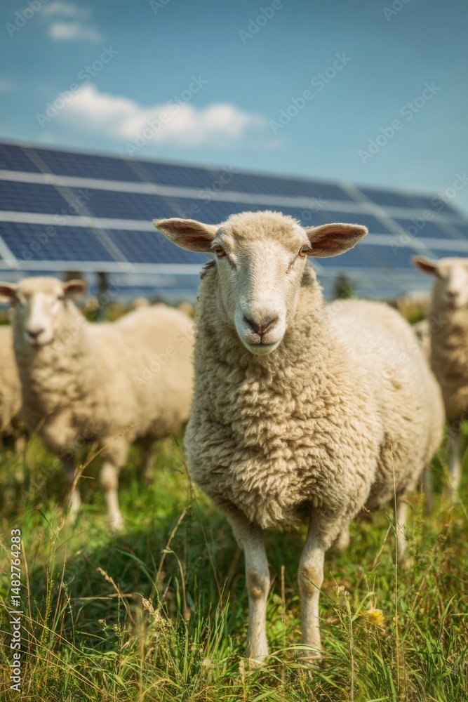 Sheep grazing near solar panels on sunny day close up view of sustainable agriculture and renewable energy farm concept Sheep grazing near solar panels on sunny day close up view of sustainable agriculture and renewable energy farm concept
