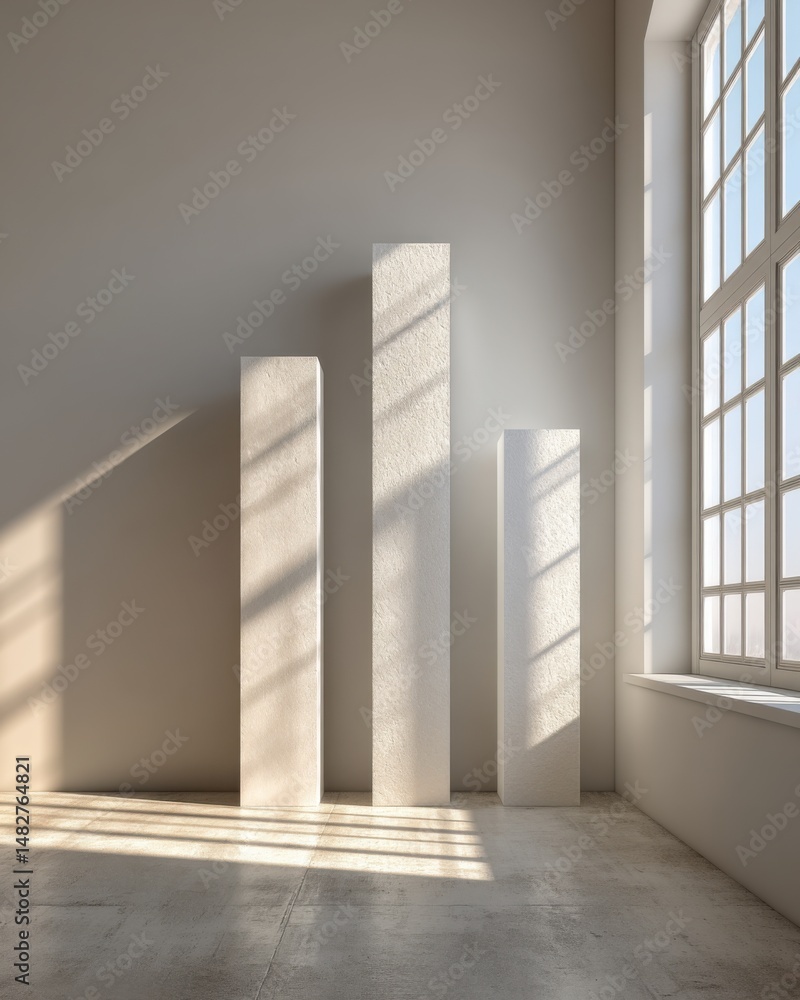 Fototapeta premium Minimalist interior with three white pillars and sunlight streaming through window in empty room