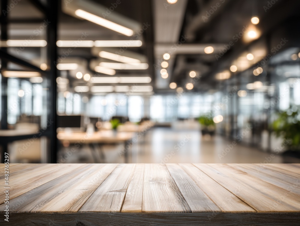 Modern office space with wooden table foreground showcasing interior design and workplace environment for business Modern office space with wooden table foreground showcasing interior design and workplace environment for business