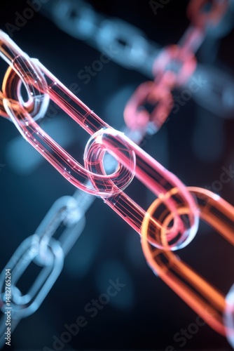 Abstract Glowing Chain Links Connecting in a Network Close Up Digital Art Style on Dark Background