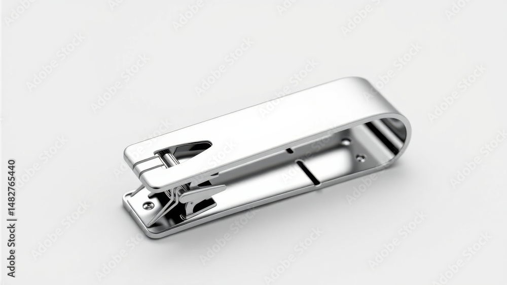 A sleek, metallic nail clipper placed on a plain white background. A sleek, metallic nail clipper placed on a plain white background.