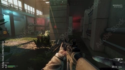 Player using a combat rifle in the newest fps war simulation game. Killing multiple npc characters in the fps combat game. Deactivating the terrorist bomb and completing a level in the fps combat game