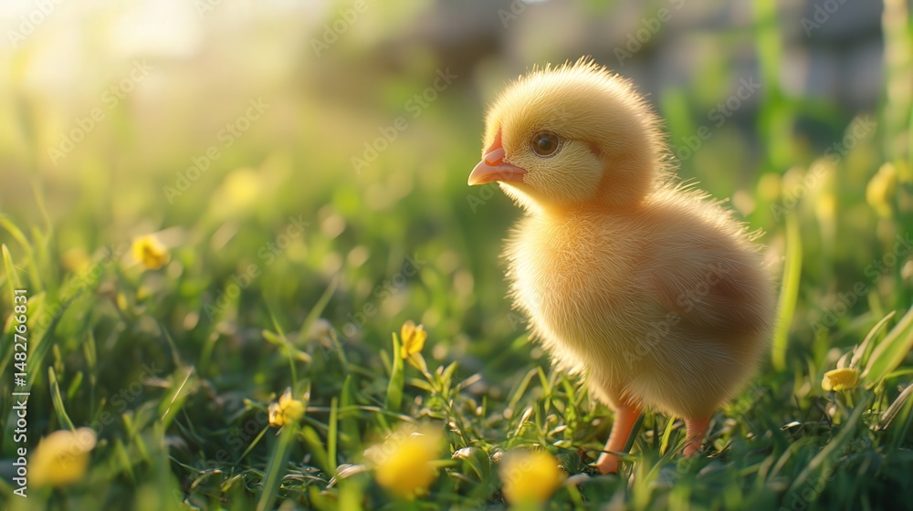 chick foraging in the fresh grass, the natural light illuminating its fluffy feathers and the farm landscape creating a warm and inviting atmosphere chick foraging in the fresh grass, the natural light illuminating its fluffy feathers and the farm landscape creating a warm and inviting atmosphere