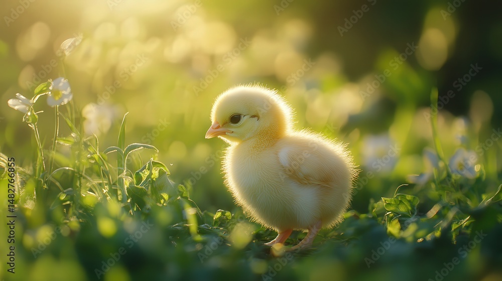 chick foraging in the fresh grass, the natural light illuminating its fluffy feathers and the farm landscape creating a warm and inviting atmosphere chick foraging in the fresh grass, the natural light illuminating its fluffy feathers and the farm landscape creating a warm and inviting atmosphere