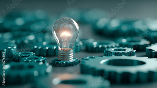 Illuminated lightbulb atop teal gears, symbolizing innovation, mechanism, and idea generation, perfect for business or technology concepts