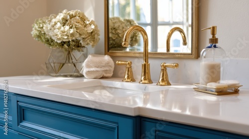 Bathroom vanity detail, gold faucet, marble countertop, blue cabinet, flowers in vase, interior design, home improvement, modern style, luxury