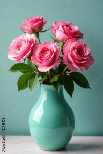 Full bloom pink roses in a glossy turquoise ceramic vase , visual, studio, home