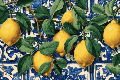 Lemons and Leaves on Blue Tile Background Still Life Illustration Detailed Close Up Bright Colors Mediterranean Style Fresh Produce