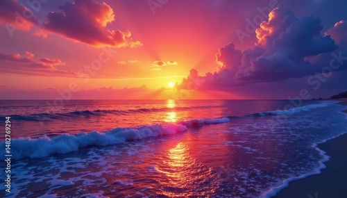 Fiery orange and purple sunset hues paint the calm ocean , peaceful, reflection, dusk