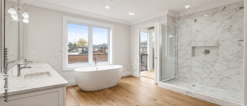 Wallpaper Mural Modern Bathroom Design Interior View with Bathtub Shower Vanity and Window in Luxury Home, Real Estate Photography Torontodigital.ca