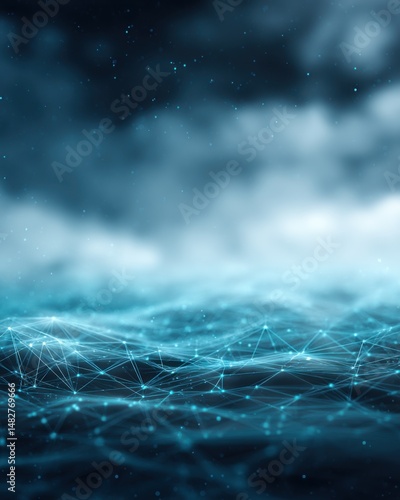 Abstract network connecting with glowing nodes on a blue wave background futuristic technology concept close up angle