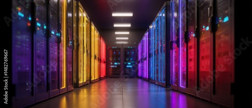 Data Center Servers Hosting Digital Information in a High Tech Environment with Bright Neon Colors and Modern Design