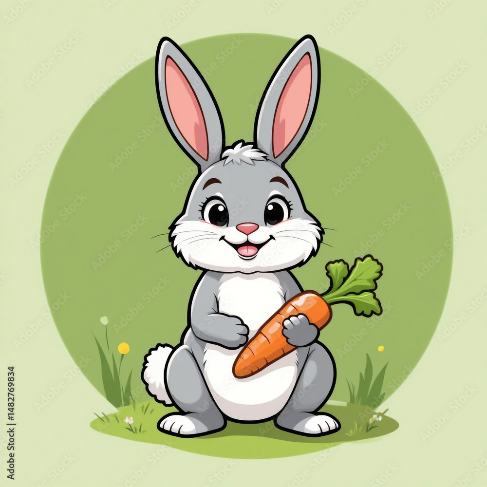 Obraz premium Cute Cartoon Bunny Holding a Carrot – Happy Gray Rabbit Vector Illustration with Green Background