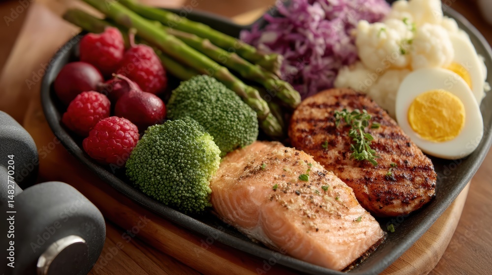 A heart-shaped plate filled with nutritious foods and fitness gear, promoting wellness and a balanced diet. A heart-shaped plate filled with nutritious foods and fitness gear, promoting wellness and a balanced diet.