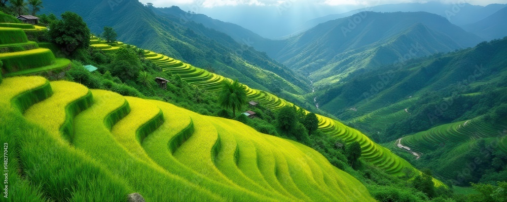 Obraz premium Emerald rice terraces cascading down volcanic slopes, breathtaking, paddies, eco