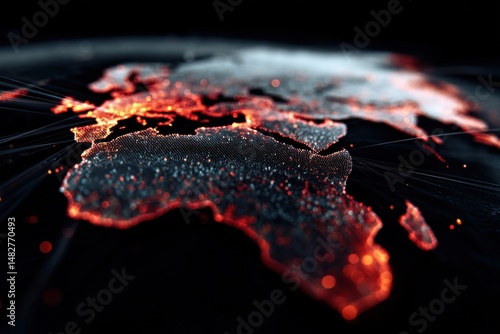 Digital Africa and Europe Map Glowing Red on Black Background Close Up Abstract Visualization of Data Connection and Global Network