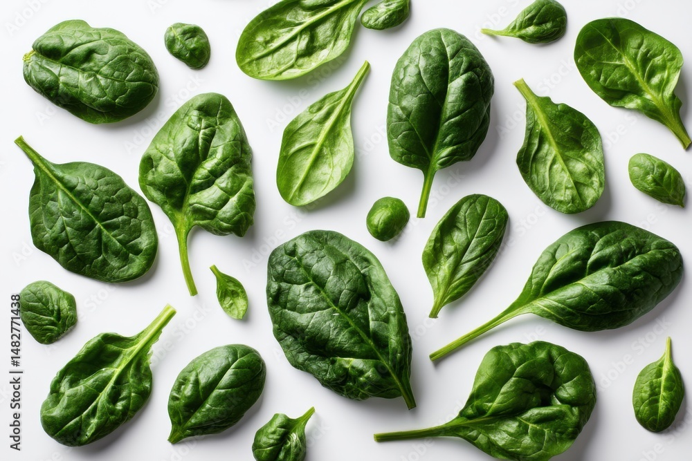 Fresh Spinach Leaves Flat Lay on White Background Top-Down Studio Shot for Healthy Eating and Vegan Lifestyle Concepts Fresh Spinach Leaves Flat Lay on White Background Top-Down Studio Shot for Healthy Eating and Vegan Lifestyle Concepts