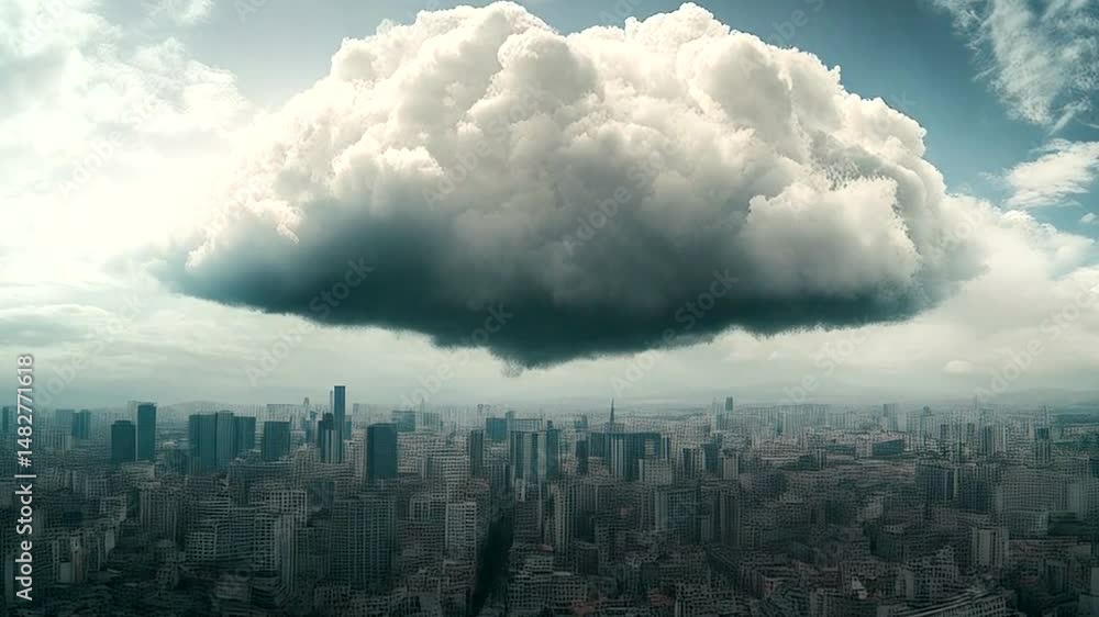Dramatic city skyline beneath large cloud. Dramatic city skyline beneath large cloud.