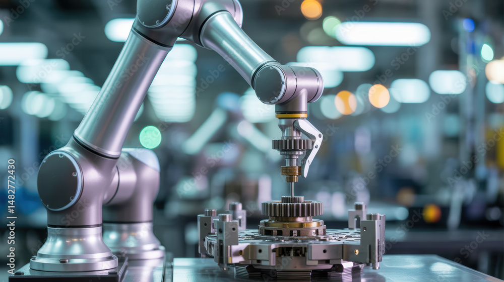 Robotic arm assembling precision metal parts in automated factory, advanced manufacturing technology and industrial automation concept.
Robotic arm assembling precision metal parts in automated factory, advanced manufacturing technology and industrial automation concept.