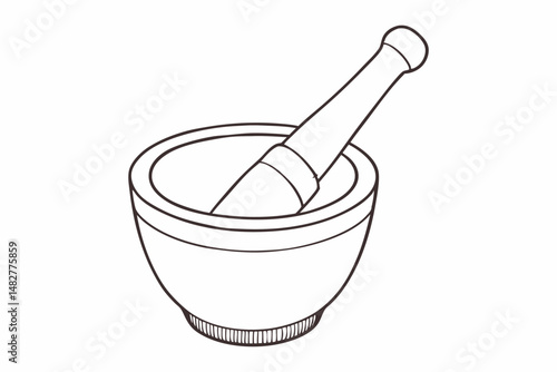 Mortar and Pestle Engraving Outline Showcases Traditional Grinding Tools