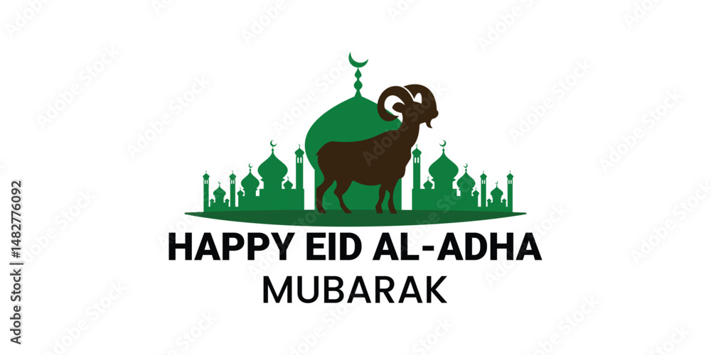 Obraz premium Eid Al-Adha Mubarak Greeting Design with Ram and Green Mosque Silhouette for Islamic Celebration
