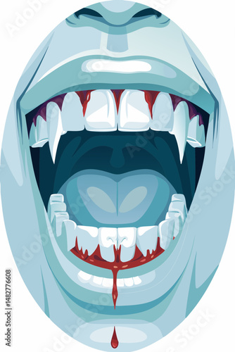 Woman Shows Vampire Teeth With Blood Dripping From Her Mouth in a Dark Setting