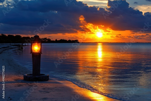Tranquil sunset over water with lamp