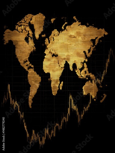 Golden world map with stock market chart overlay, global finance concept, financial analysis, investment strategy, business trend