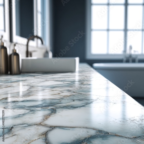 Close up of marble countertop in modern bathroom with sink faucet and toiletries in soft focus interior shot