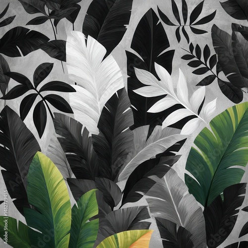 Wallpaper Mural Botanical flower wallpaper monochrome interior concept. Dense foliage pattern with various leaf shapes and shades, creating a textured and natural look. Torontodigital.ca