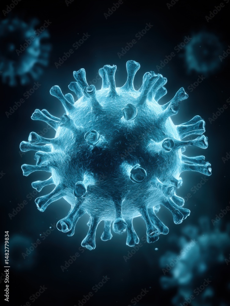Fototapeta premium Microscopic Virus Render Showing Viral Structure and Morphology in Blue Tones on Dark Background