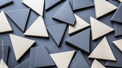 Triangular tiles scattered on a surface showcasing geometric design in black and beige colors for creative projects