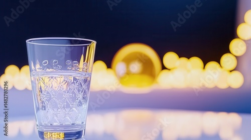 Crystal Clear Glass of Water with Bokeh Background in Evening Light