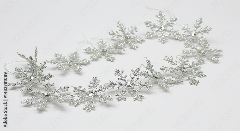 Fototapeta premium Sparkling silver snowflakes elegantly arranged create a festive winter garland.. AI Generated