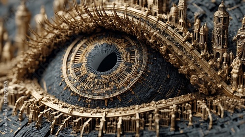 Image of a stylized eye. The eye is constructed of intricate, geometric details. The iris is made up of concentric rings and radial lines, resembling machinery or circuitry