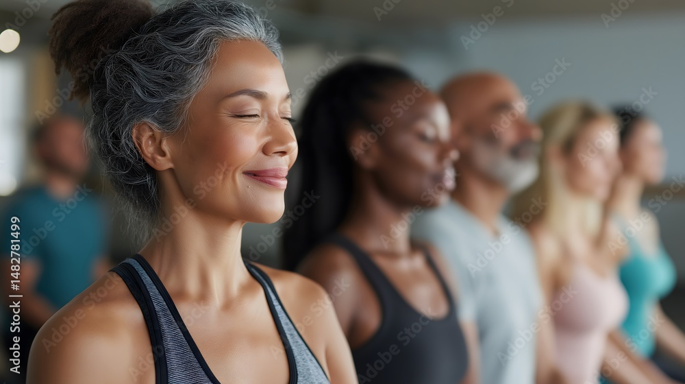 Diversity in exercise & wellness, yoga: Yoga class in community center with various ethnicities and body types, harmony in diversity. Diversity in exercise & wellness, yoga: Yoga class in community center with various ethnicities and body types, harmony in diversity.