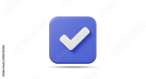 3D Rendered Blue Square with White Checkmark on White Background for Success Confirmation
