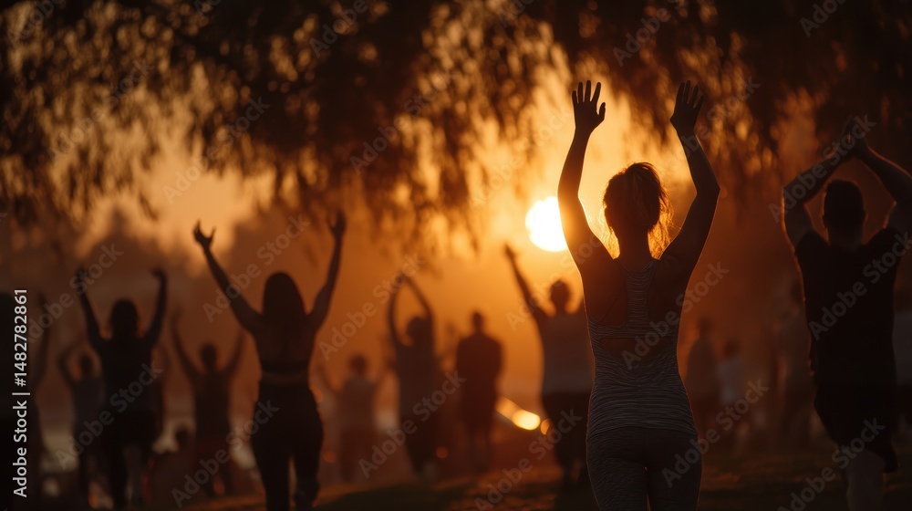 Fototapeta premium Group of people exercising in a park during sunrise, embracing a fitness routine.