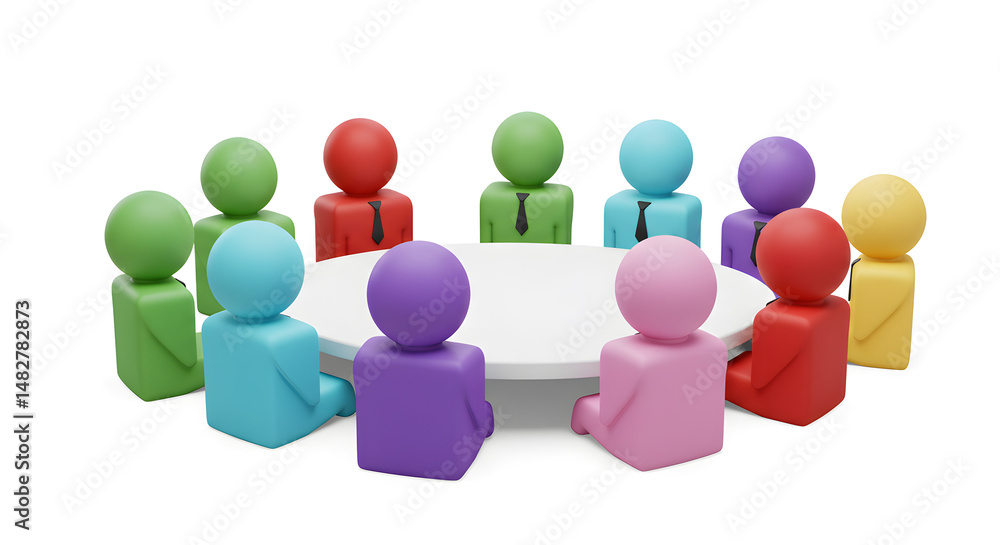 Obraz premium 3D Rendered Colorful Figures Around White Table Representing Business Teamwork and Collaboration