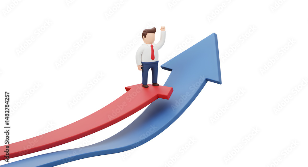 3D Rendered Man Standing Atop a Red Arrow with Blue Arrow Upward Against White Background for Growth 3D Rendered Man Standing Atop a Red Arrow with Blue Arrow Upward Against White Background for Growth
