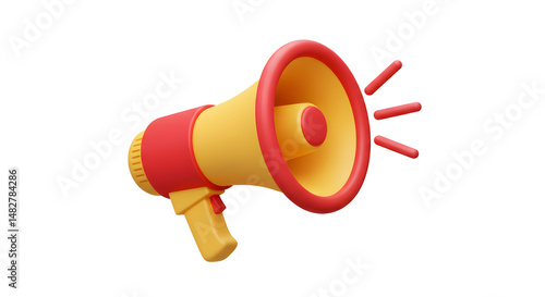 3D Rendered Megaphone In Red And Yellow Against White Background