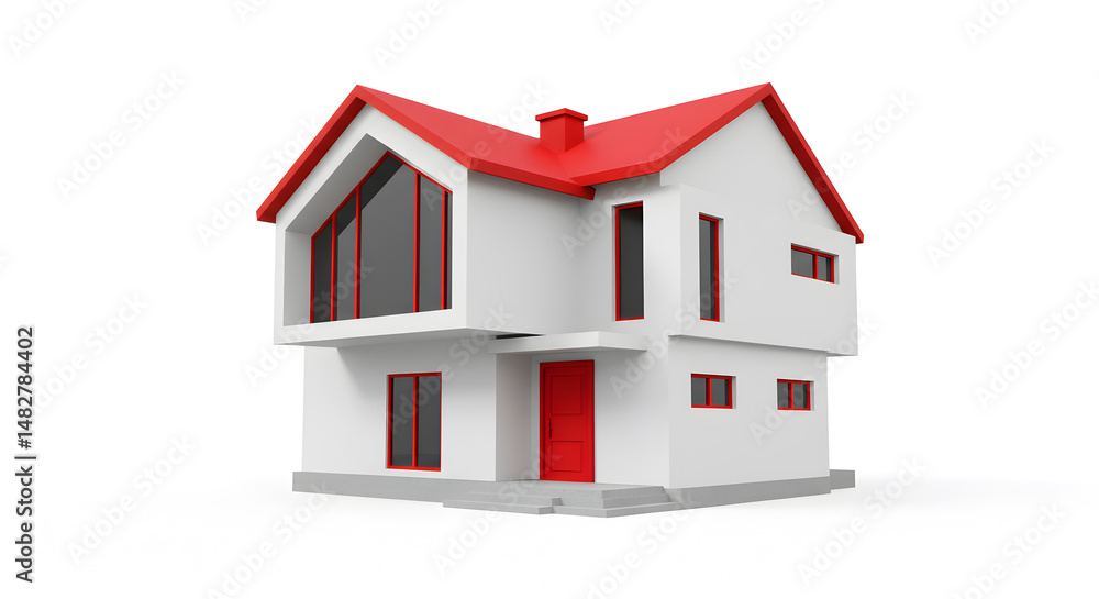 3D Rendered Modern House Design With Red Roof and Door Against White Background 3D Rendered Modern House Design With Red Roof and Door Against White Background