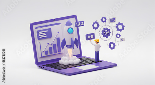 3D Rendered Rocket Launching From Laptop Screen with Data Charts and a Worker with Icons