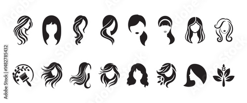 Various Girl Hairstyle Collection. Hair silhouette vector. Women side face with hair care icon. Illustration eps 10