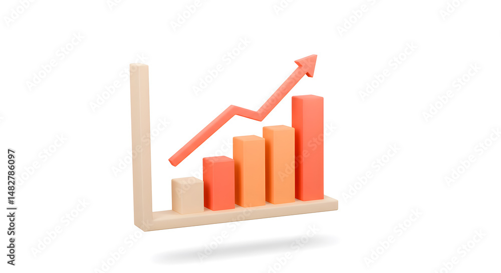3D Rendering Of Financial Growth Chart With Rising Red Arrow And Colorful Bars On White
