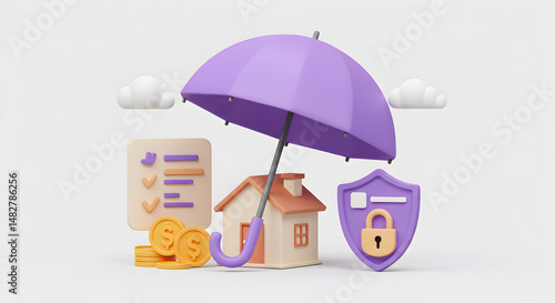 3D Render of a House Protected by Umbrella with Shield Representing Home Insurance and Property Protection