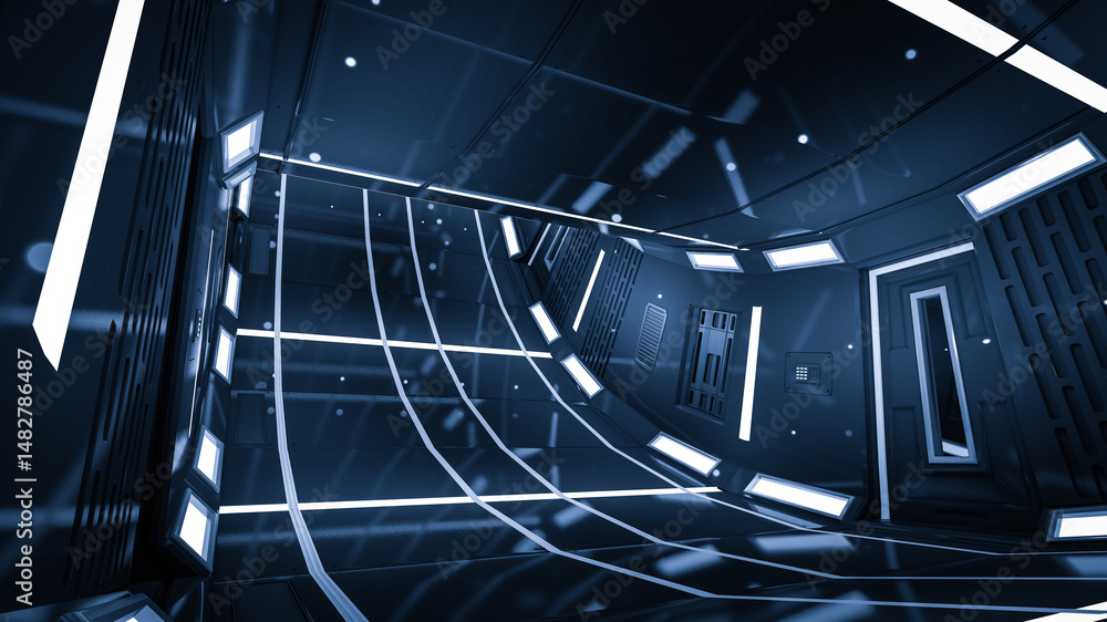 Obraz premium Perspective View of Futuristic Spaceship Corridor with Blue Tech Lighting.Clean, modern, sci-fi environment perfect for representing space exploration, technological innovation, and science fiction.